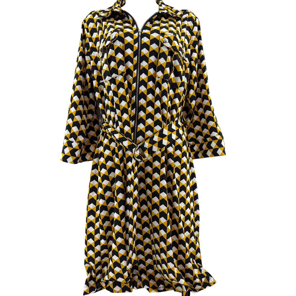 NY Collection Dress Women L Yellow New Geometric Zip Front Belted Midi